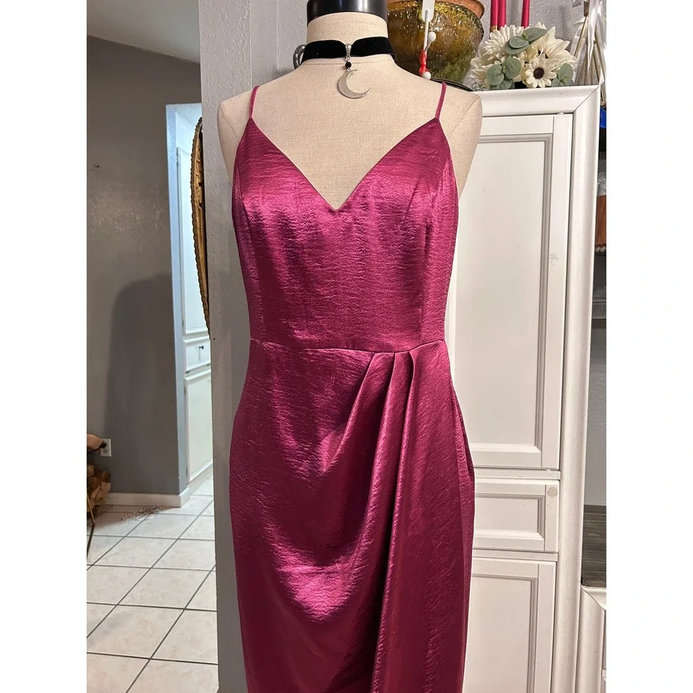 Magenta Pink Satin Wrap Front Maxi Dress Formal Party MEDIUM